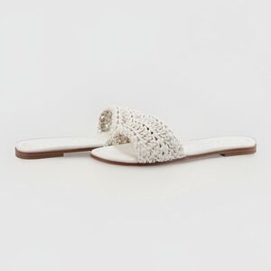Marc Fisher LTD Women's Vickee Dress Flat Slide Sandal Woven Upper Slip-on White